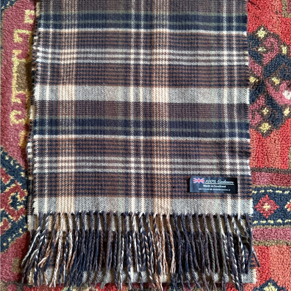Plaid Wool Cashmere Scarf with Fringe